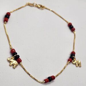 Brand New Brazilian 18k Gold Filled 2 Elephants red/black Beaded Anklet
